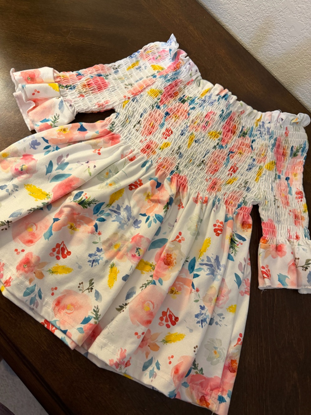 Girls White Floral Smocked Casual Dress with Pink, Yellow & Blue Accents